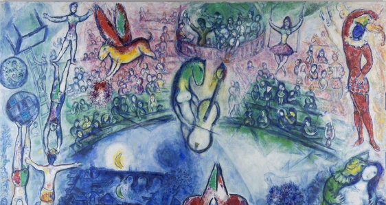 Marc Chagall, 'Commedia dell’arte', 1959. Técnica mixta sobre lienzo, 255 × 400 cm. Adolf und Luisa Haeuser-Stiftung für Kunst- und Kulturpflege, Hattersheim am Main (Alemania). © MARC CHAGALL / VEGAP, MADRID 2024