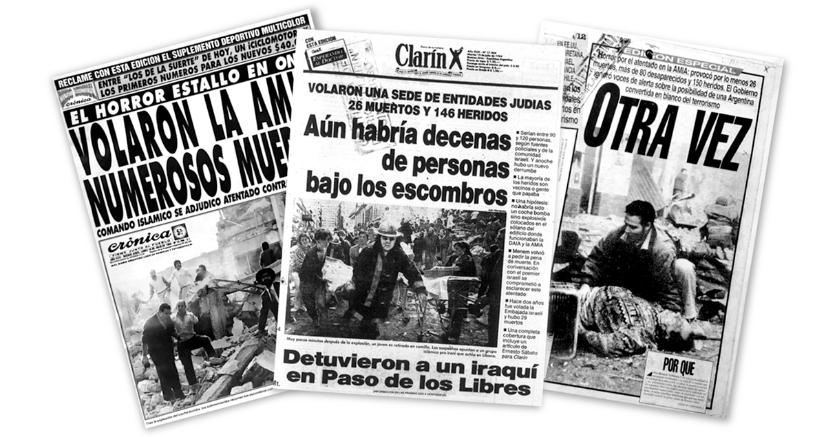 Portadas de 'Crónica', 'Clarín' y 'Página/12' del 19 de julio de 1994. ARCHIVO
