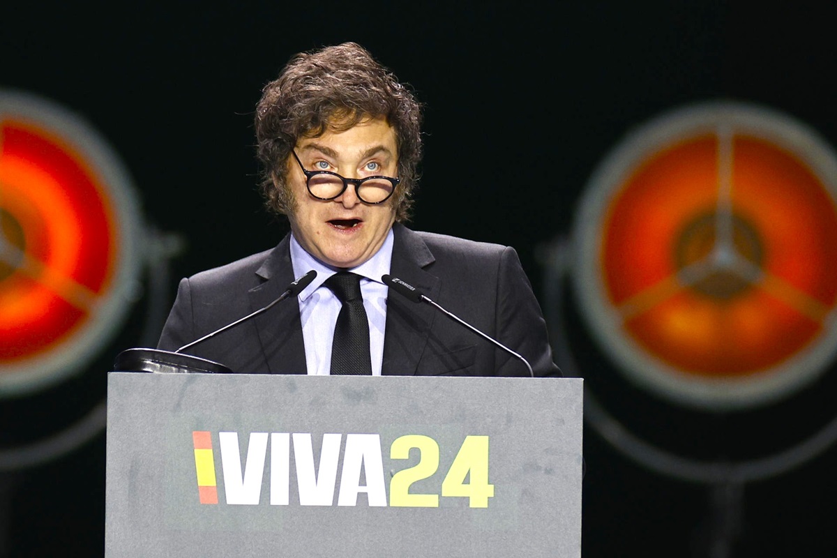 El presidente de Argentina, Javier Milei, en la convención del partido ultraderechista Vox en Madrid, este domingo. EFE/RODRIGO JIMÉNEZ