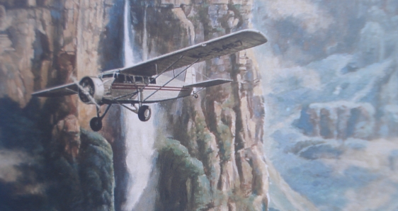 El avión “Flamingo Río Caroní” sobrevuela el imponente Salto Ángel. Ilustración de John Artal creada para la portada del libro “El Ángel de Jimmie”.