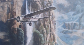 El avión “Flamingo Río Caroní” sobrevuela el imponente Salto Ángel. Ilustración de John Artal creada para la portada del libro “El Ángel de Jimmie”.