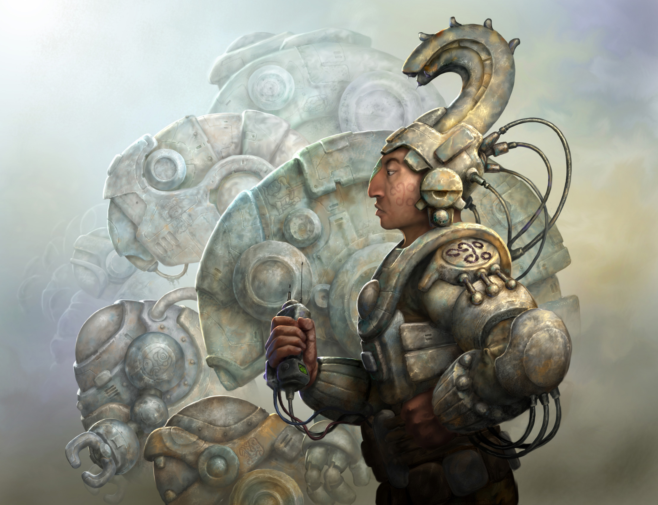 Mech Tamer (2006), una obra del artista Raúl Cruz donde la cultura originaria de México dialoga con lo futurista. CORTESÍA